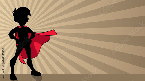 Illustration of super hero boy wearing cape against ray light background for copy space.