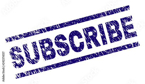 SUBSCRIBE seal print with grunge style. Blue vector rubber print of SUBSCRIBE title with scratched texture. Text label is placed between parallel lines.