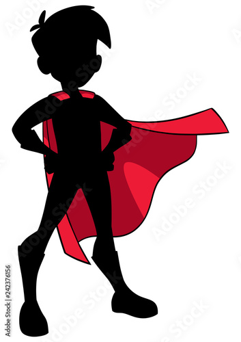 Full length silhouette illustration of superhero boy wearing cape and superhero costume.
