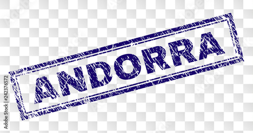 ANDORRA stamp seal print with rubber print style and double framed rectangle shape. Stamp is placed on a transparent background. Blue vector rubber print of ANDORRA title with unclean texture.