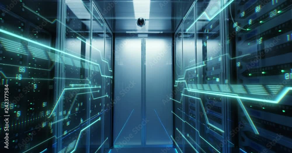 Dolly shot of the interior of a data center with glowing circuit board animated lines running along the wall Dolly shot of the interior of a data center with glowing circuit board animated lines running along the wall