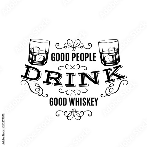 Vector quote typographical background about whiskey.Hand drawn sketch style illustration of glass with ice cube.  Template for business card poster and banner.