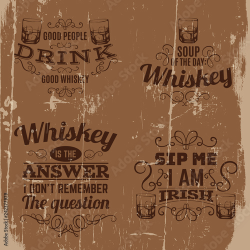 Vector set of quote typographical background about whiskey. Hand drawn sketch style illustration of glass with ice cube. Template for business card poster and banner.