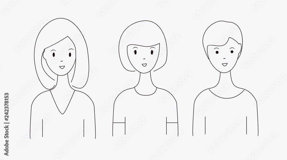 Women in different hair cuts vector. Simple line drawing design illustration. Women in different hair cuts vector. Simple line drawing design illustration.