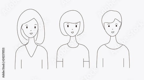 Women in different hair cuts vector. Simple line drawing design illustration. 