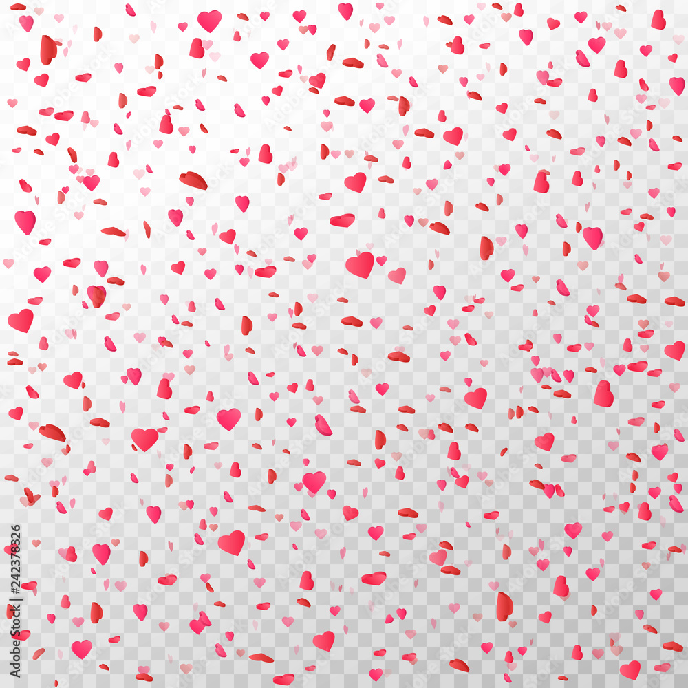 Heart confetti falling on transparent background. Flower petal in shape of heart. Color confetti for greeting cards, wedding invitation, gift packages. Valentines Day background. Vector illustration