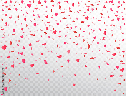 Heart confetti falling on transparent background. Flower petal in shape of heart. Valentines Day background. Color confetti for greeting cards, wedding invitation, gift packages. Vector illustration
