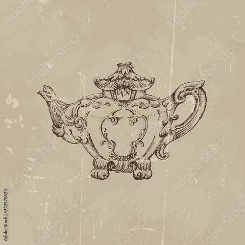 Vector illustration of vintage teapot with floral decor made in hand drawn sketch style. Template for business card poster banner and print