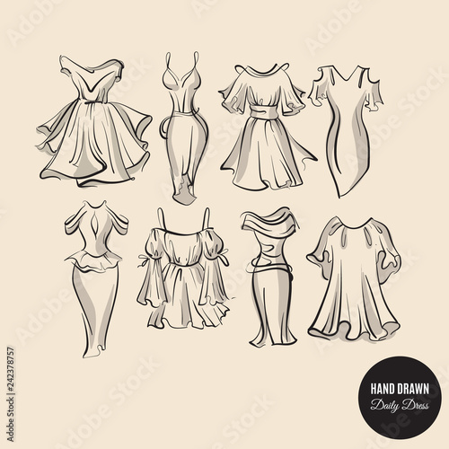 Vector collection of hand drawn woman daily dresses made in sketch careless style. Template for business card poster banner flyer and print for t-shirt