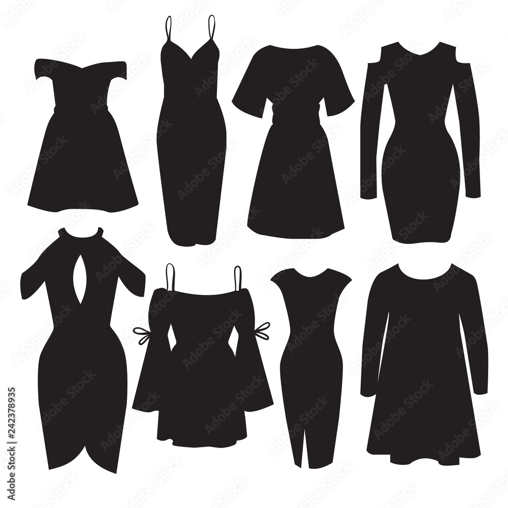 Vector set of modern dresses for women. Illustration in realistic style. Template for business card poster banner flyer and logotype. Vector set of modern dresses for women. Illustration in realistic style. Template for business card poster banner flyer and logotype.