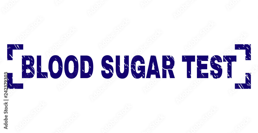 BLOOD SUGAR TEST label seal print with distress texture. Text label is placed between corners. Blue vector rubber print of BLOOD SUGAR TEST with grunge texture.