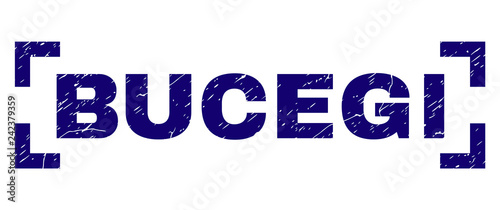 BUCEGI tag seal print with distress texture. Text tag is placed inside corners. Blue vector rubber print of BUCEGI with unclean texture.