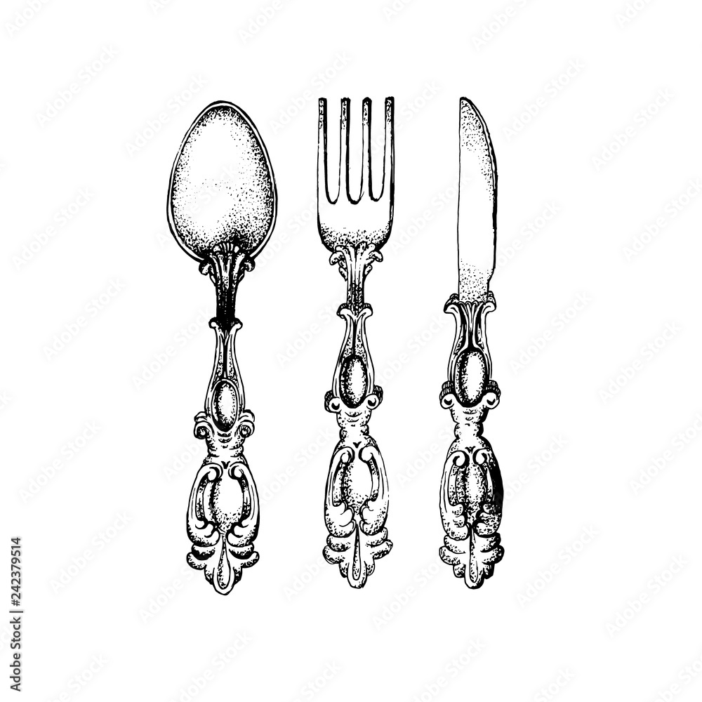 Vector illustration of vintage spoon fork and knife made in hand drawn ...