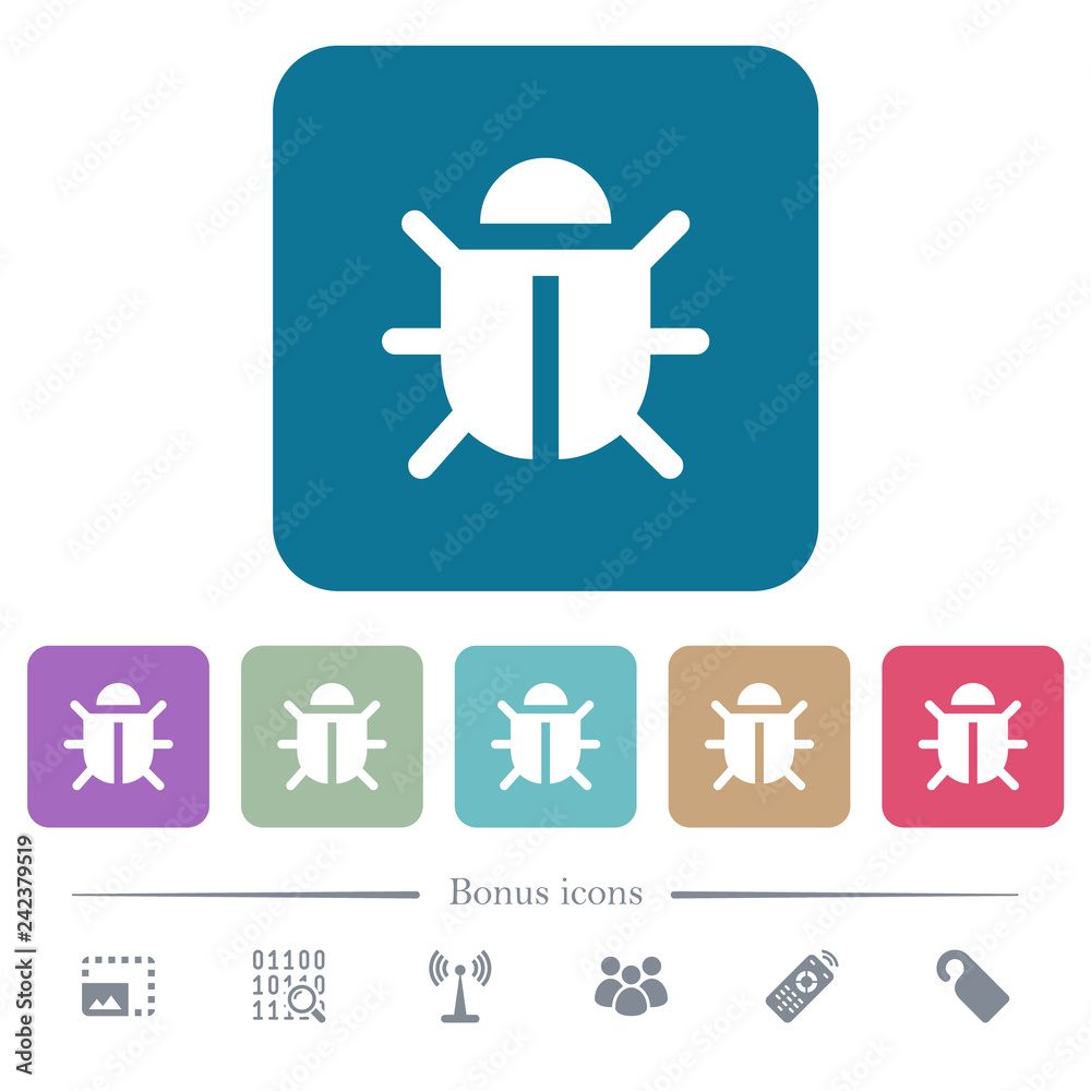Computer bug flat icons on color rounded square backgrounds Computer bug flat icons on color rounded square backgrounds