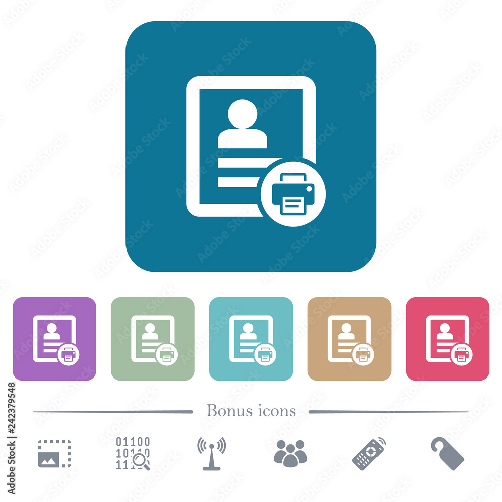 Print contact flat icons on color rounded square backgrounds Print contact flat icons on color rounded square backgrounds