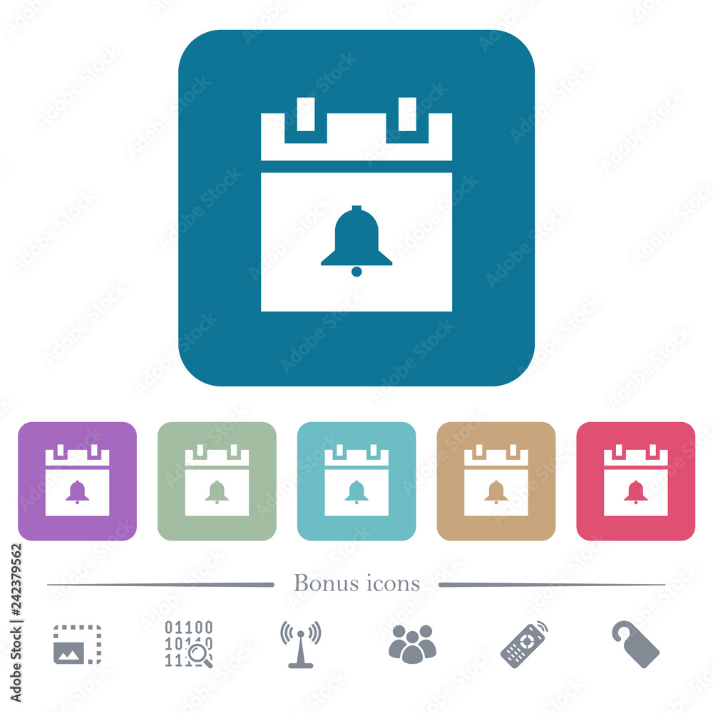 Schedule alarm flat icons on color rounded square backgrounds Schedule alarm flat icons on color rounded square backgrounds