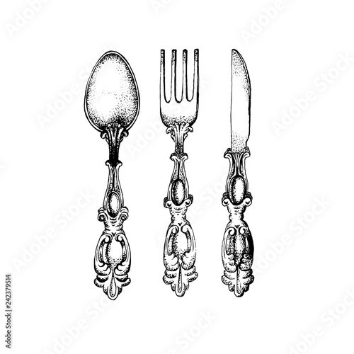 Vector illustration of vintage spoon fork and knife made in hand drawn sketch style. Template for business card poster banner and flyer.