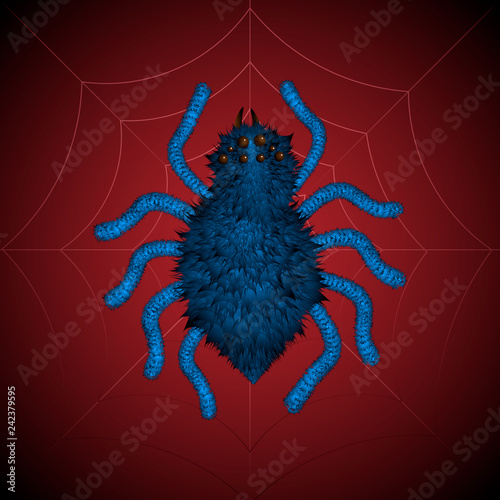 Vector illustration of Scary hairy black spider on web
