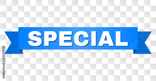 SPECIAL text on a ribbon. Designed with white title and blue tape. Vector banner with SPECIAL tag on a transparent background.