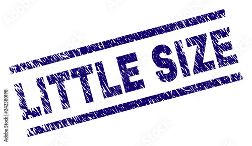 LITTLE SIZE seal print with scratced style. Blue vector rubber print of LITTLE SIZE caption with unclean texture. Text caption is placed between parallel lines.