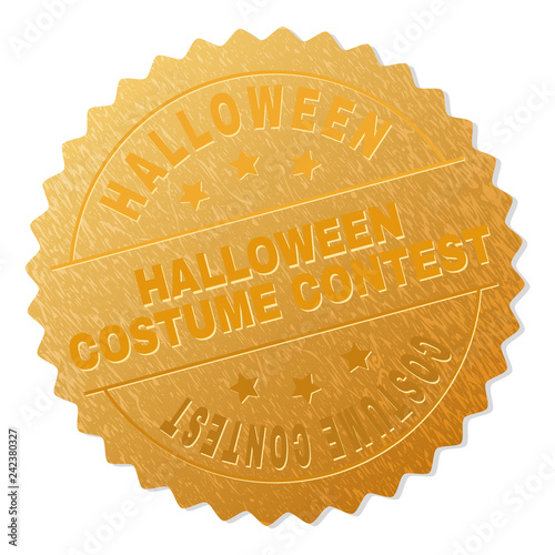 HALLOWEEN COSTUME CONTEST gold stamp award. Vector golden award with HALLOWEEN COSTUME CONTEST text. Text labels are placed between parallel lines and on circle. Golden skin has metallic effect.
