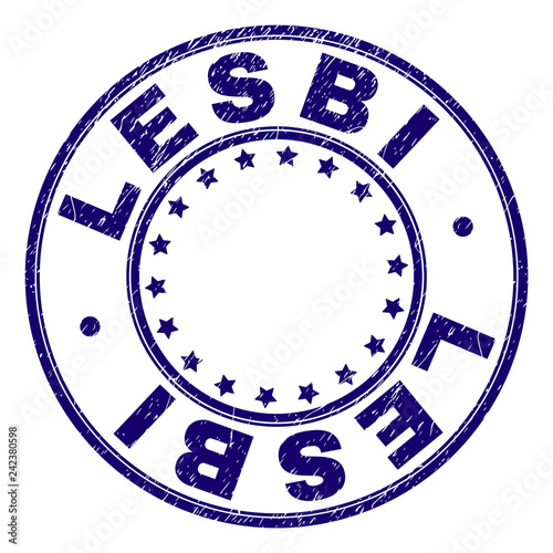 LESBI stamp seal imprint with grunge texture. Designed with circles and stars. Blue vector rubber print of LESBI label with corroded texture. photo