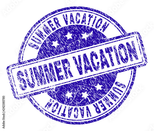 SUMMER VACATION stamp seal imprint with grunge texture. Designed with rounded rectangles and circles. Blue vector rubber print of SUMMER VACATION title with grunge texture.