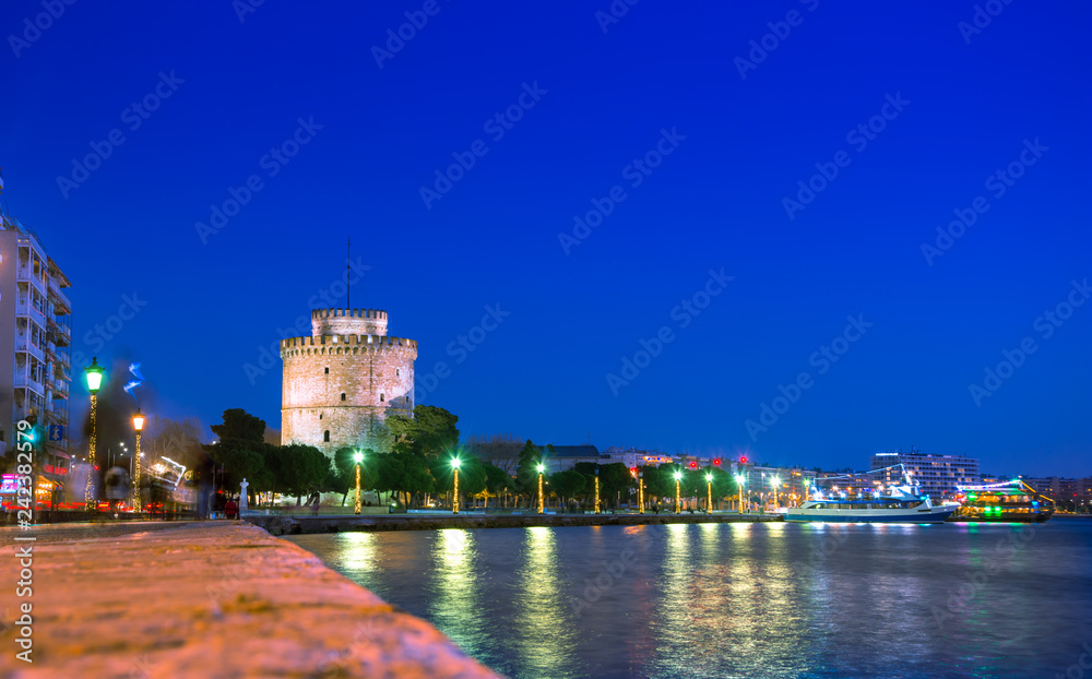 View of  the White Tower of Thessaloniki which is a monument and museum on the waterfront of Thessaloniki, capital of the region of Macedonia in northern Greece