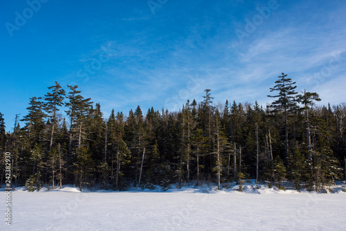 snowy frozen lake with blue skies