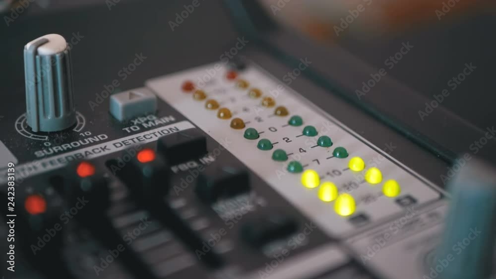 LED Indicator Level Signal on the Sound Mixing Console. Led light
