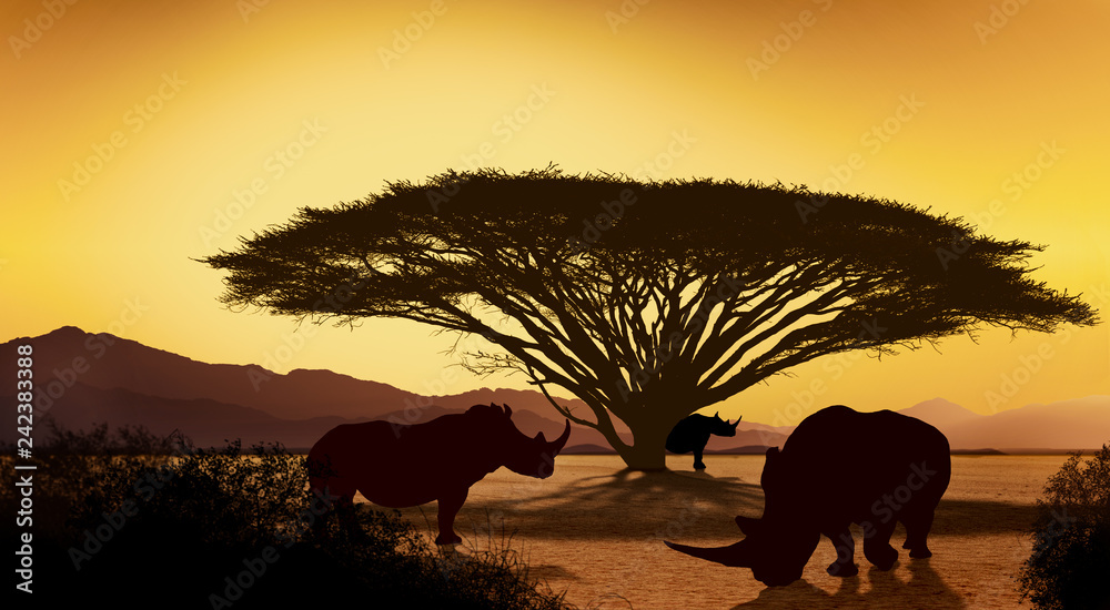 Obraz premium Sylwetki Afryki ze zwierzętami nosorożców