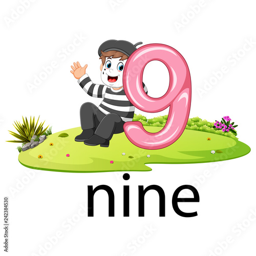 little pantomime playing with the 9 balloon number and text on the grass