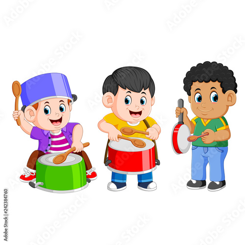 the creative collection of the children playing with the kitchen tools 