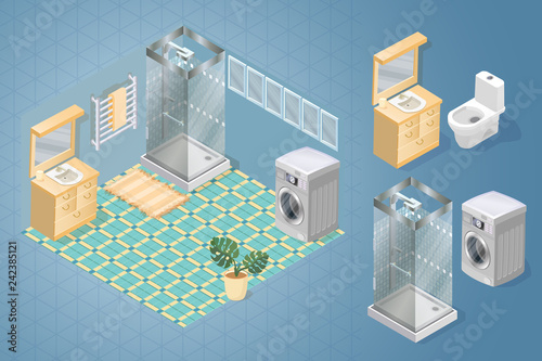 Bathroom items and furniture isometric icon set.