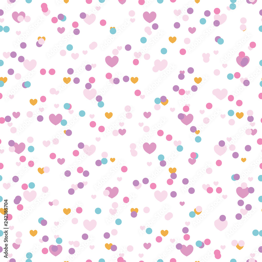 Pastel confetti hearts seamless repeat pattern. Great for Valentines Day or wedding invitations, cards, backgrounds, gifts, packaging design projects. Surface pattern design.