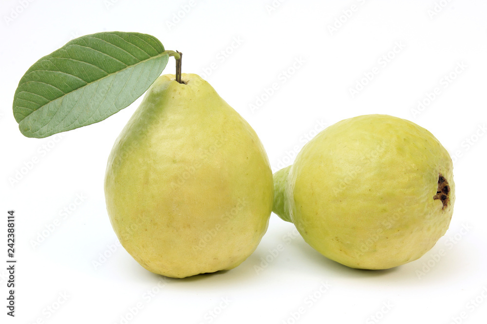 close-up guava fruit, pink, fresh, organic, with leaves, whole and sliced, isolated on white background close-up guava fruit, pink, fresh, organic, with leaves, whole and sliced, isolated on white background