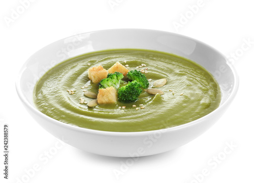 Dish with broccoli cream soup on white background. Healthy food