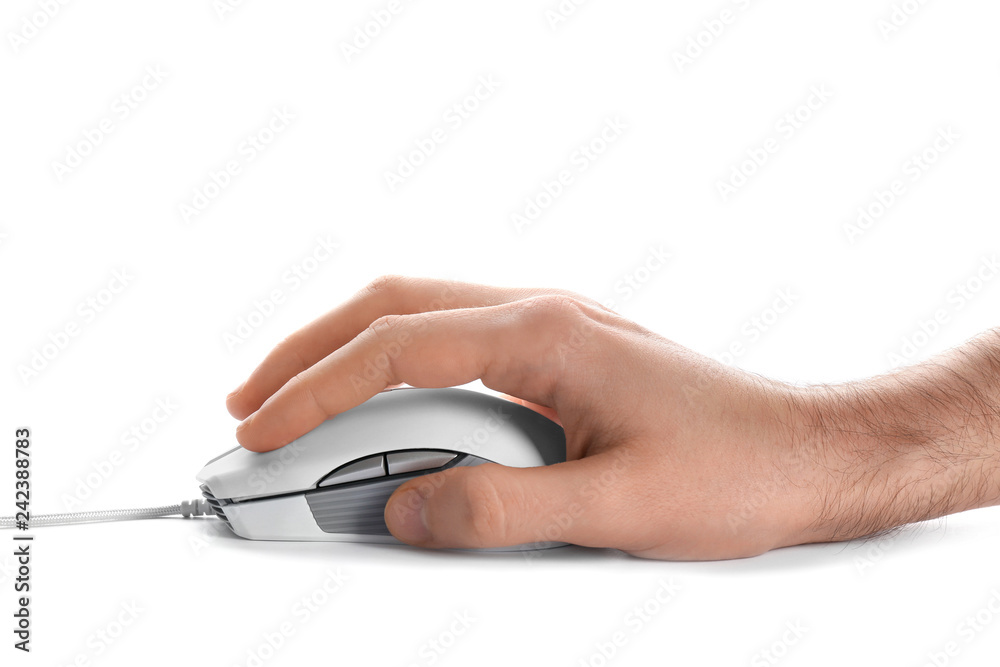 Man using computer mouse on white background Man using computer mouse on white background