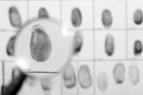 Criminal fingerprint card and magnifier, top view. Space for text