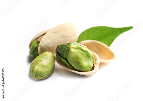 Wallpaper Mural Tasty organic pistachio nuts and leaf on white background, closeup Torontodigital.ca