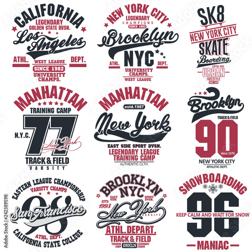 T-shirt stamp graphic set. Sport wear typography emblem