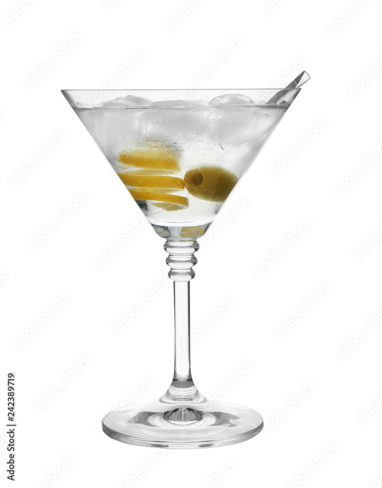 Glass of classic martini cocktail with ice cubes, lemon zest and olive on white background Glass of classic martini cocktail with ice cubes, lemon zest and olive on white background