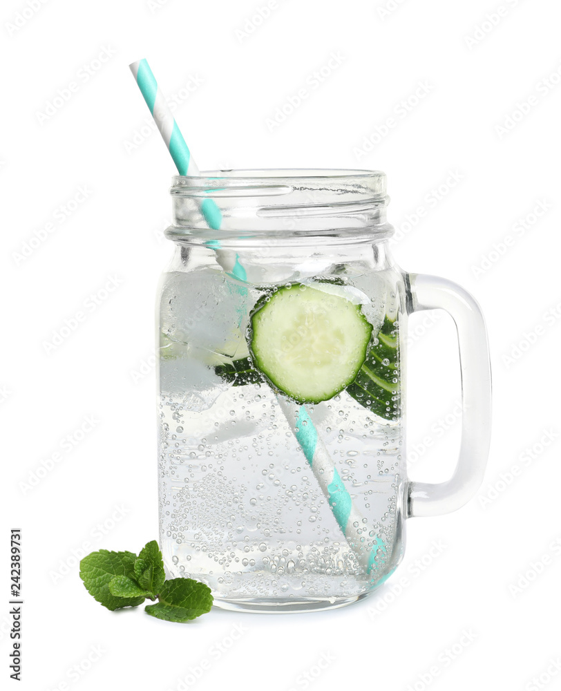 Mason jar with fresh cucumber water on white background Mason jar with fresh cucumber water on white background