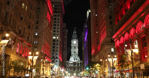 Night view on the Philadelphia city hall on Broad Street in Pennsylvania USA