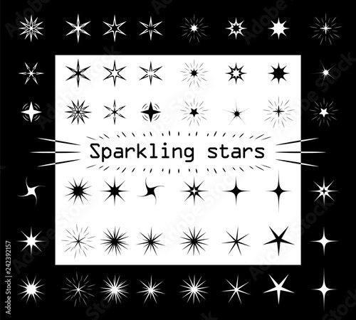 The stars sparkle on a white and black isolated background. Different shapes and kinds for your design. Asterisks silhouette  flat style. Vector illustration.