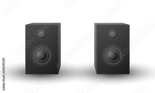 Front view vector of realistic modern black shaded audio speakers on white background.