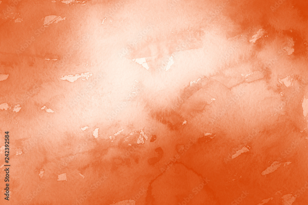 Fototapeta premium Orange ink and watercolor textures on white paper background. Paint leaks and ombre effects. Hand painted abstract image.