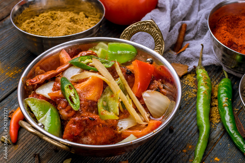 kadai chicken indian food or indian curry on wooden background