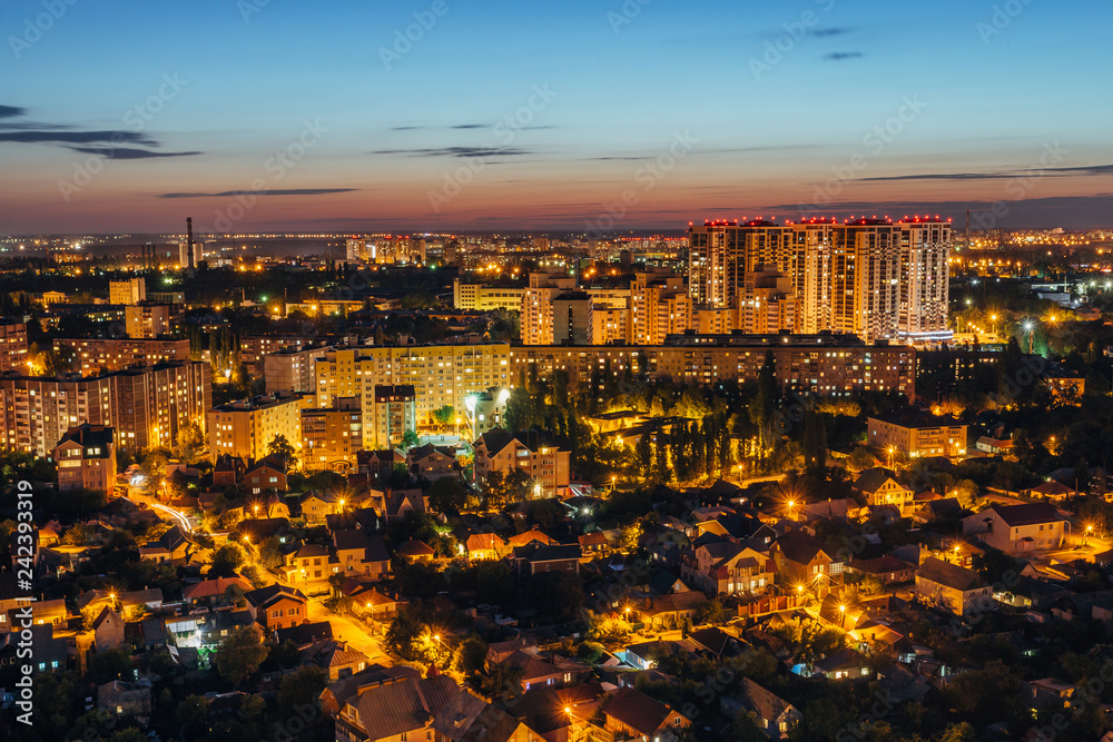 Night Voronezh aerial summer cityscape from rooftop. Residential area