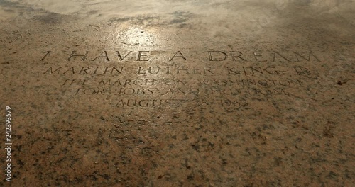 Etched into the stone on the steps of the Lincoln Memorial, a marker of the exact spot Dr. Martin Luther King, Jr. stood to deliver the 'I Have a Dream' speech in 1963 in Washington DC photo